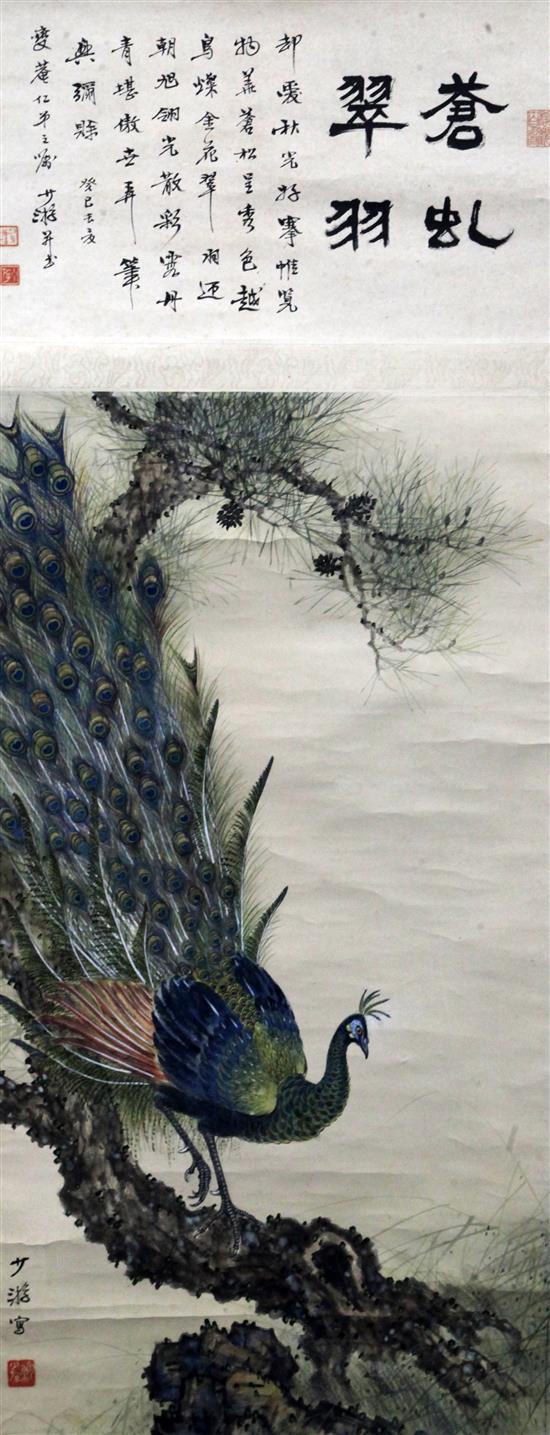 Two Chinese scroll paintings of peacocks, late Qing dynasty,